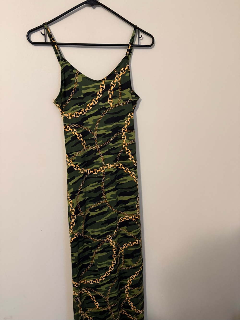 Green Camo Chain-Print Maxi Dress with Spaghetti Straps